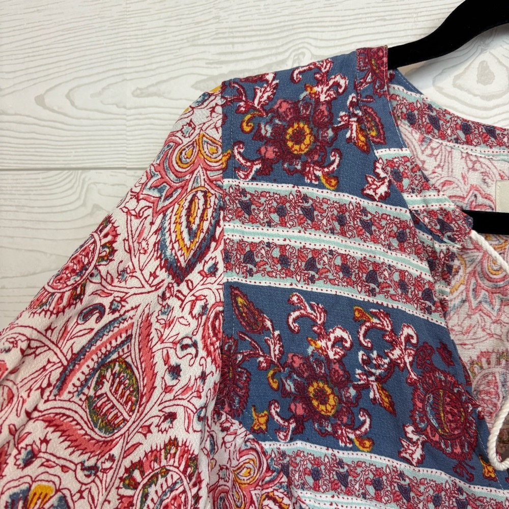 LUCKY BRAND FLORAL PEASANT PRINT WITH TASSEL TIES BLOUSE LONG SLEEVE SIZE LARGE - Picture 4 of 9
